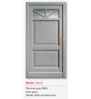 UNILUX Model 2213 Platinum Gray Door, Clear Glass, Polished Brass Handle, Modern Custom Timber Entrance